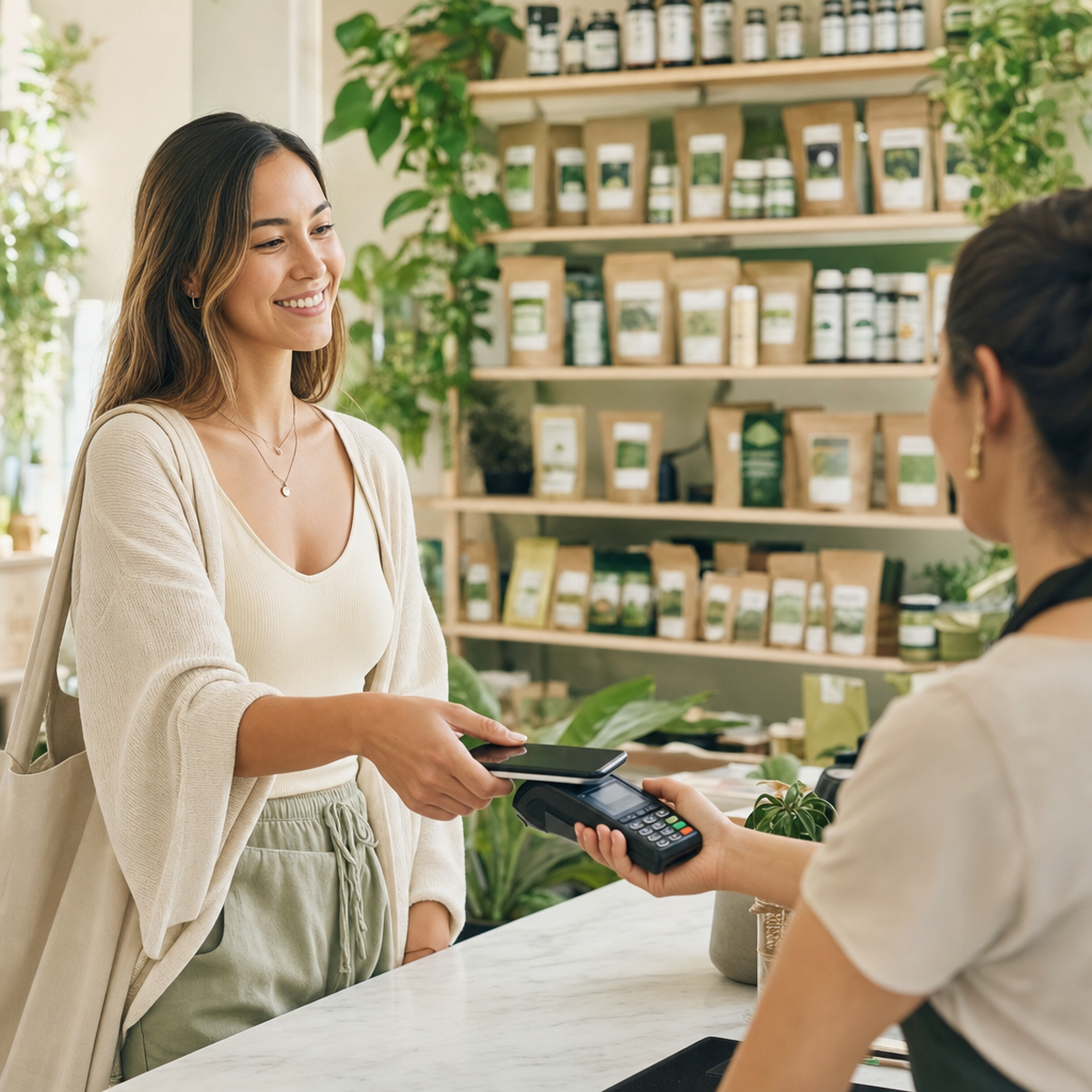 Customer paying at a kratom wellness retail counter