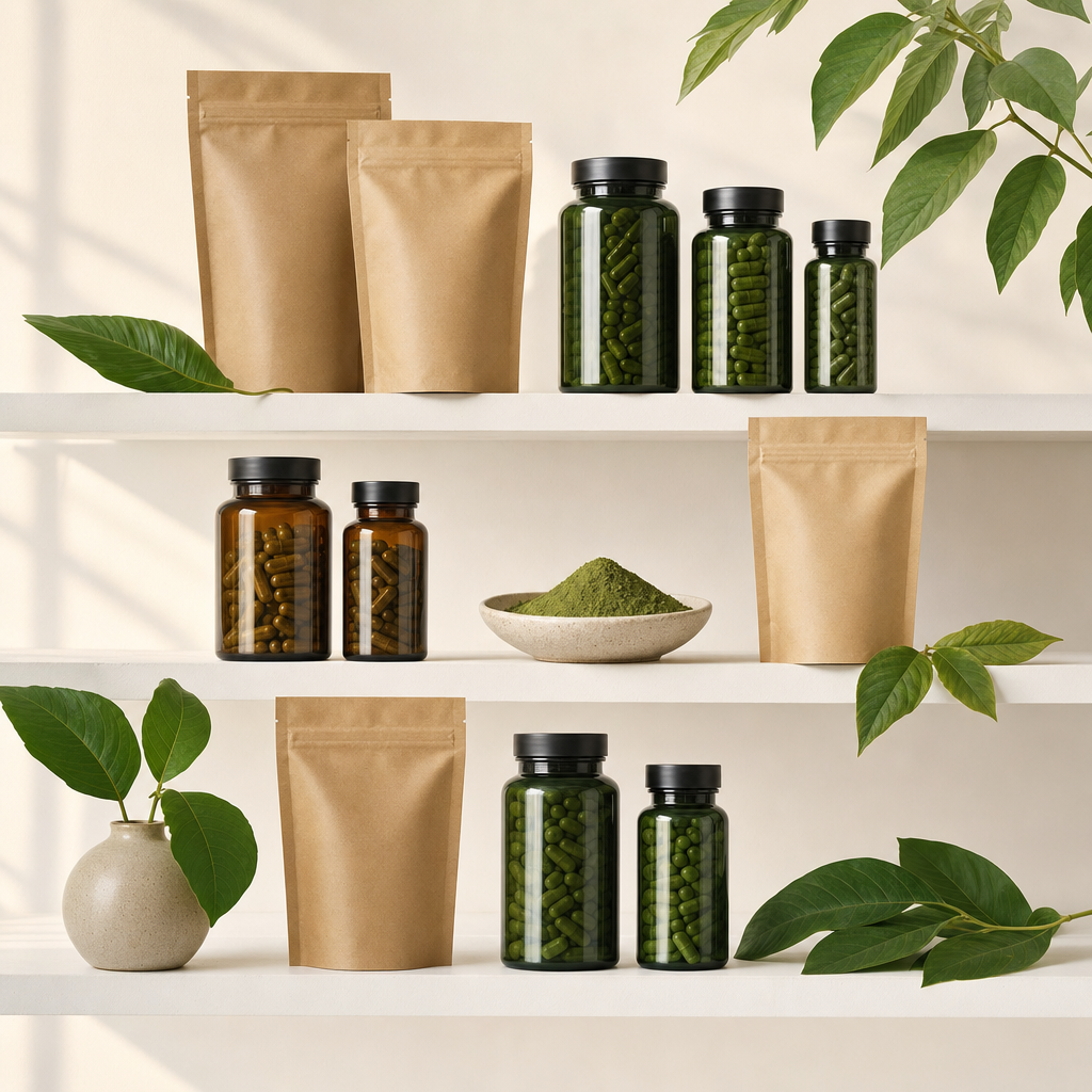 Kratom products arranged on clean shelves